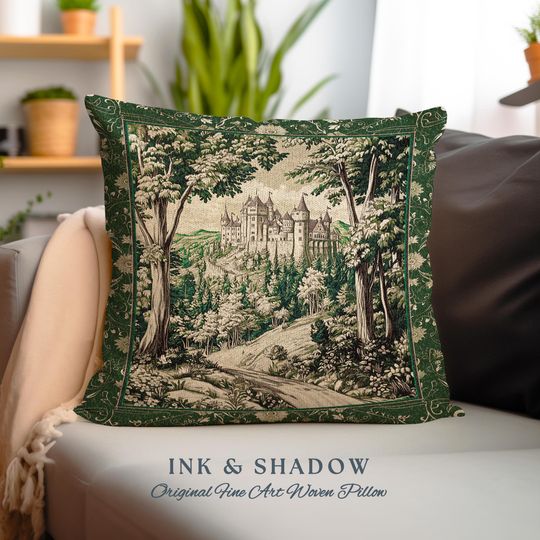 Discover Fairytale Forest Botanical Throw Pillow | Mystic Aesthetic Woodland Home Magical Decor Plant Loving Bedroom Housewarming Gift Emerald Woods