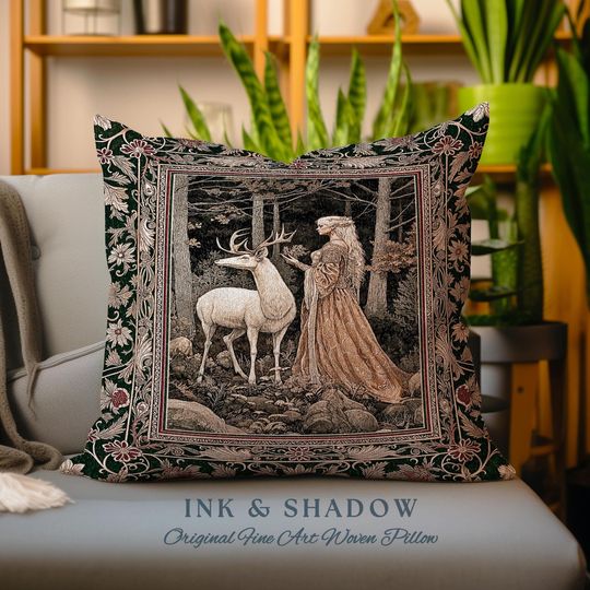 Discover Elven Princess Mystic Woodland Pillow | Forest Nymph Renaissance Aesthetic Fairycore Tapestry Cushion Magic Gothic Woods Ethereal Victorian