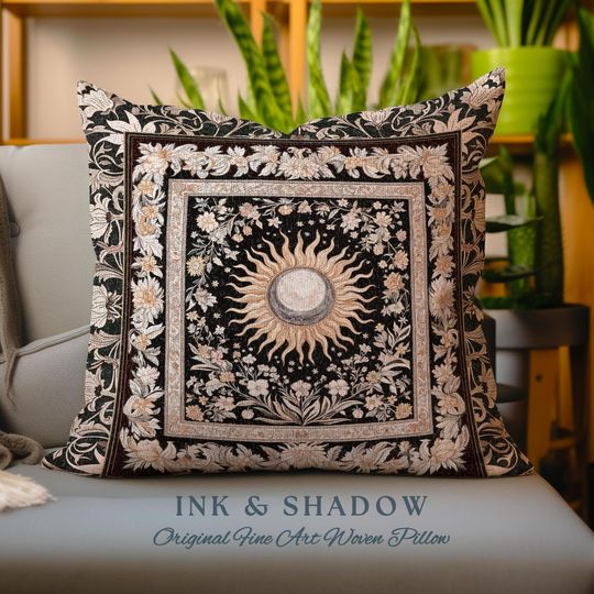 Divine Aesthetic Sun and Moon Pillow | Magical Astrology Celestial Whimsigothic Boho Bedroom Decor Mystic Magic Maximalist Witchy Cushion |