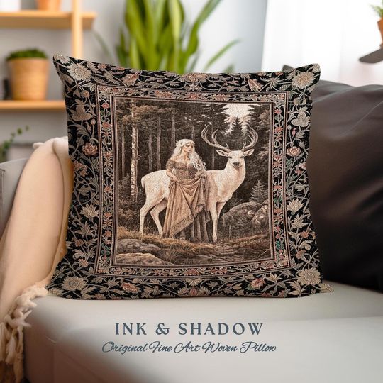 Discover Enchanting Forest Spirit Pillow | Magical Meadow Fairycore Woven Tapestry Pillow Ethereal Woodland Princess Renaissance Aesthetic Gothic |