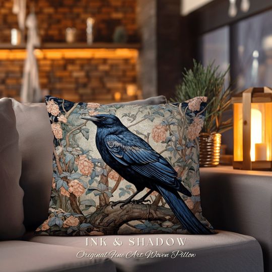Discover Pastel Gothic Throw Pillow | Dark Academia Gift William Morris Art Accent Pillow Raven Crowcore Cushion for Maximalist Rustic Woodland
