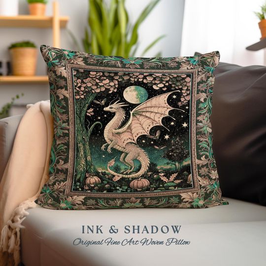 Discover Witchy Whimsigothic Enchanted Night Moonlit Mystic Dragon Pillow Celestial Fairytale Tapestry Cushion, Mythical Fantasy Forestcore Art Decor