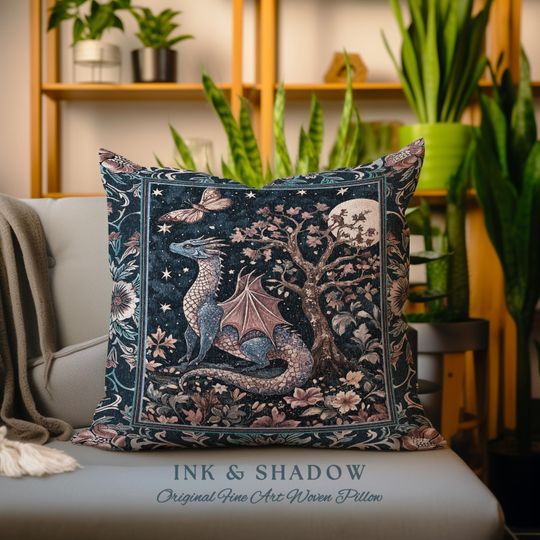 Discover Enchanted Woodland Dragon Pillow Mystical Night Sky Decor | Moonlit Forest Whimsigothic Tapestry Cushion Celestial Dark Academia Fantasy Art
