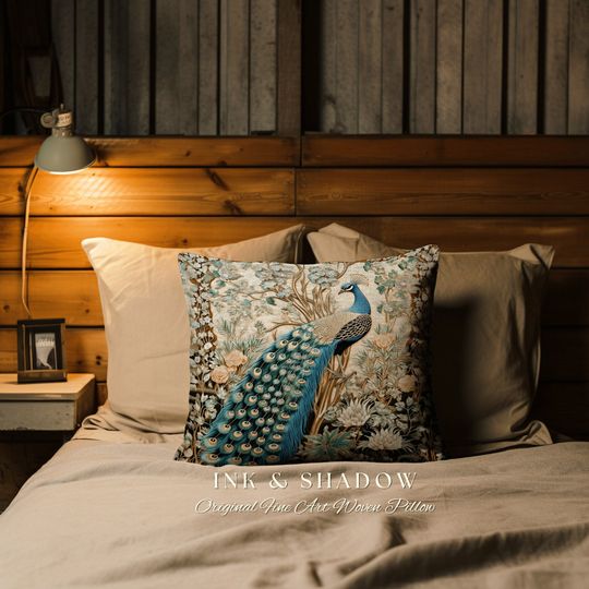 Discover Victorian Gothic Peacock Pillow | Woodland Botanical Cushion Woven Decor William Morris Style Forestcore Bedroom Dark Cottagecore Peacock