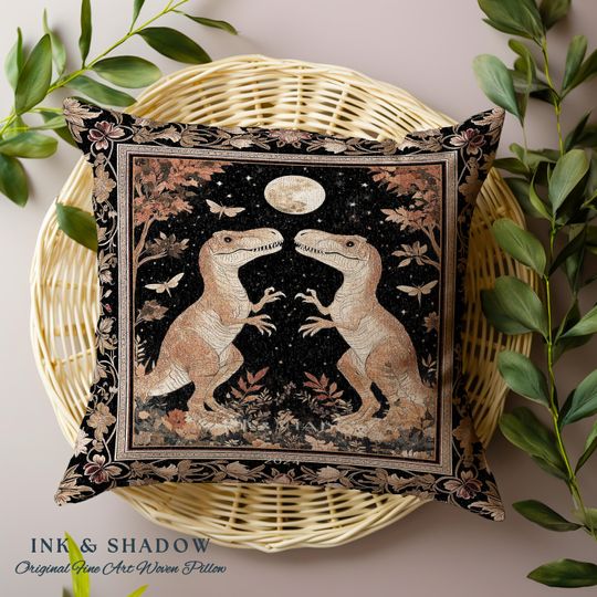 Regal Dinosaur Lovers Pillow Antique Gold Baroque Botanical Moonlit Night Decor | Dark Academia Celestial T-Rex Ornate Whimsigothic Accent