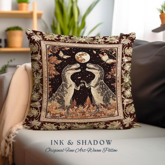 Baroque Dinosaur Pillow Ornate Medieval Botanical Nightscape Art | Vintage Dark Academia Woodland Gothic T-Rex Enchanted Forest Fantasy |