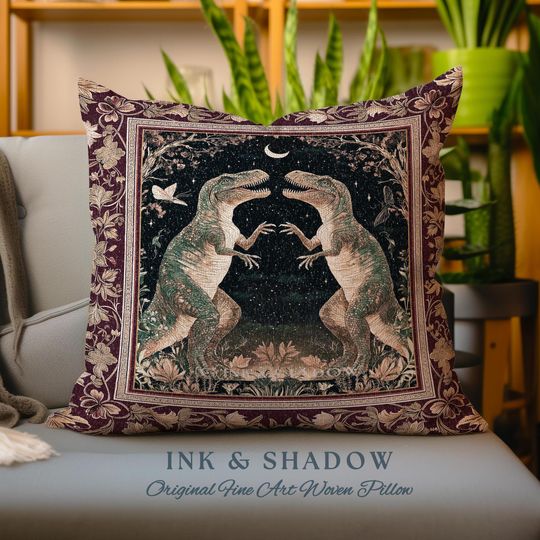 Medieval T-Rex Pillow Vintage Celestial Night Sky Enchanted Woodland Gothic Decor, Dark Nature Dinosaur Baroque Elegance Folklore Cushion |