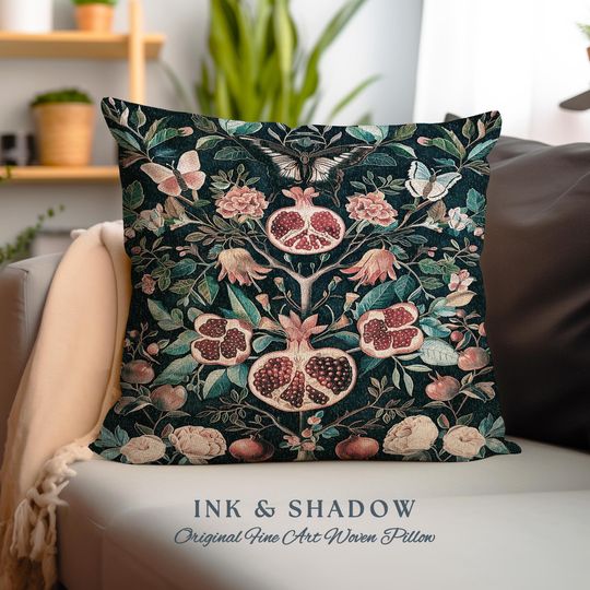 Vintage Pomegranate Tapestry Pillow Floral Whimsigoth Enchanted Botanical Butterfly Cushion | Victorian Gothic Whimsical Woodland Art Decor