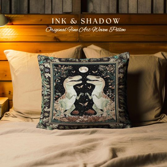 Discover Mystical T-Rex Pillow Celestial Night Enchanted Forest Decor | Whimsical Dark Woodland Whimsy Vintage Dinosaur Art Fantasy Forestcore Accent