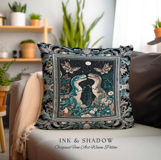Discover Celestial T-Rex Dinosaur Pillow Enchanted Night Garden Moonlit Witchy Cottagecore Vintage Indigo Blue Whimsigoth Jurassic Forestcore Cushion