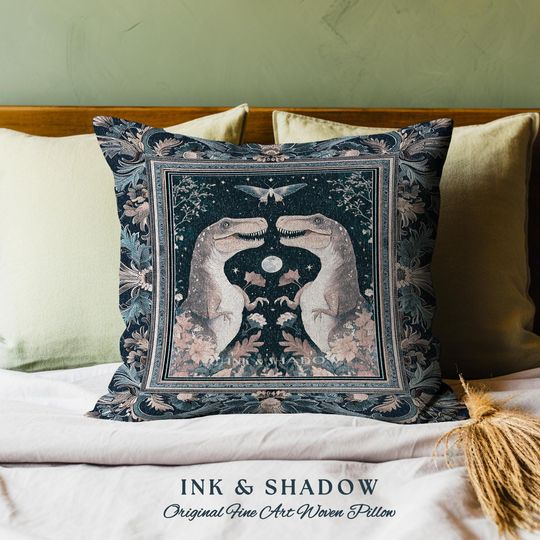 Discover Enchanted Moth Dinosaur Pillow | Whimsical T-Rex Dino Woven Cushion Enchanted Garden Moonlit Cottagecore Indigo Blue Jurassic Forestcore |