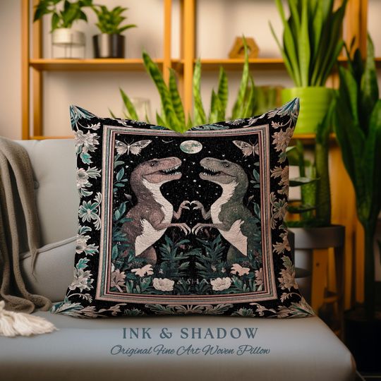 Discover T-Rex Whimsical Academia Pillow | Dinosaur Woven Cushion Ornate Medieval Nightscape Vintage Dark Woodland Gothic Moonlit Moth Bedroom Cute |