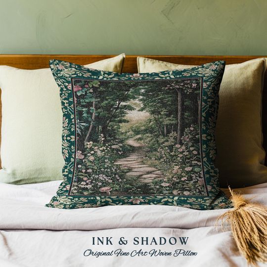 Discover Woodland Forest Cottagecore Pillow | Fairycore Aesthetic Magical Woodland Bedroom Emerald Green Home Decor Whimsigothic Tapestry Cushion |