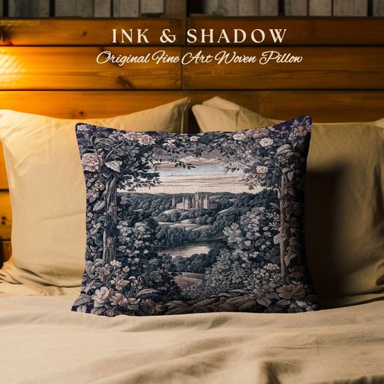 Discover Pastel Fairy Aesthetic Throw Pillow | Ethereal Woodland Royalcore Rosy Woven Cushion Bedroom Botanical Landscape Medieval Princess Rustic |
