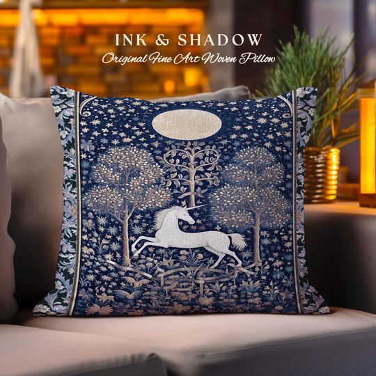 Medieval Fairytale Unicorn Tapestry Pillow | Gothic Whimsical Eclectic Fairycore Woven Cushion Victorian Gothic Dark Floral Decor Baroque |