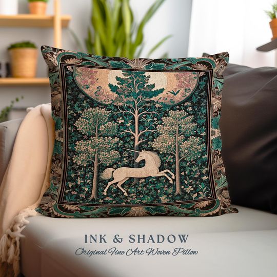 Discover Moonlit Forest Mystical Unicorn Tapestry Pillow Medieval Fairycore Decor | Renaissance Whimsical Gothic Aesthetic Woven Cushion Forestcore |