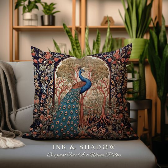 Discover Maximalist Garden Throw Pillow | Woodland Maximalist Cushion Woven Decor William Morris Style Forestcore Bedroom Dark Fairycore Peacock