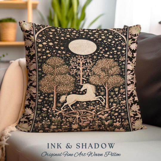 Princesscore Unicorn Tapestry Pillow Woven Folklore Aesthetic Whimsical Decor | Mystic Magical Moon Celestial Cottagecore Fairycore Cushion