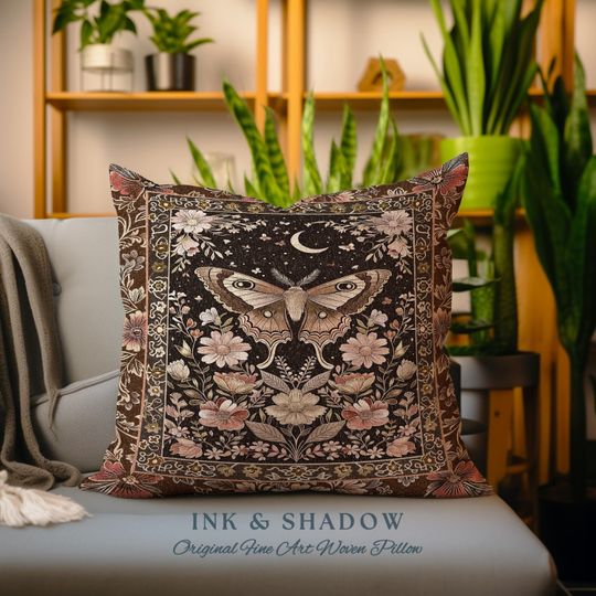 Discover Rustic Floral Cottageore Moth Tapestry Pillow Vintage Aesthetic Fairycore Room Decor | Dark Academia Botanical Butterfly Wildflower Cushion