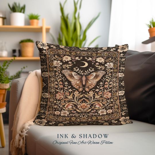Whimsical Moth Pillow Soft Cottagecore Rustic Decor, Mystic Floral Butterfly Art Tapestry Cushion Bohemian Fairycore Gift for New Homeowner