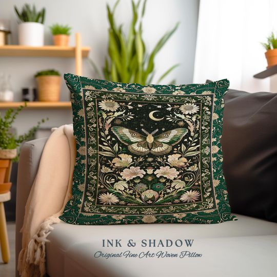 Discover Dark Green Cottagecore Moth Pillow Ethereal Botanical Fairycore Decor, Moonlit Garden Boho Butterfly Art Floral Moth Tapestry Nature Cushion