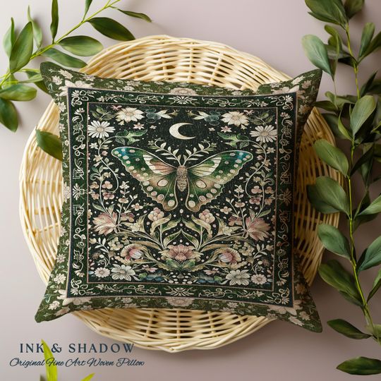 Discover Woodland Gothic Botanical Moth Pillow Witchy Dark Academia Aesthetic Room Decor, Whimsical Green Cottagecore Butterfly Moth Tapestry Cushion