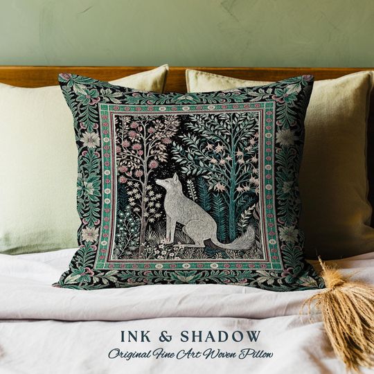 Discover Enchanted Forest Whimsical Pillow | Fairytale Woodland Cottagecore Aesthetic Bohemian Decor Cozy Scandinavian Nature Woodland Woven Cushion