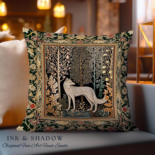 Discover Cozy Hygge Woodland Wolf Woven Cushion | Elegant Cottagecore Forest Bohemian Pillow Homey Aesthetic Magical Nature Fairytale Inspired Bed |