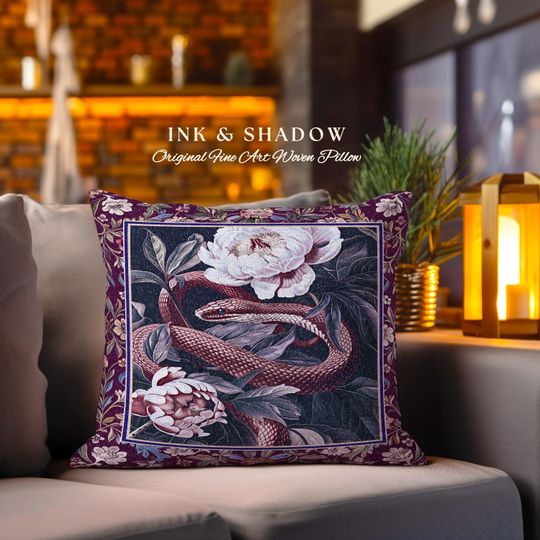 Discover Whimsigothic Dark Floral Serpent Pillow Enchanted Forest Whimsical Purple Botanical Cushion | Mystical Witchy Cottagecore Vintage Snake Art