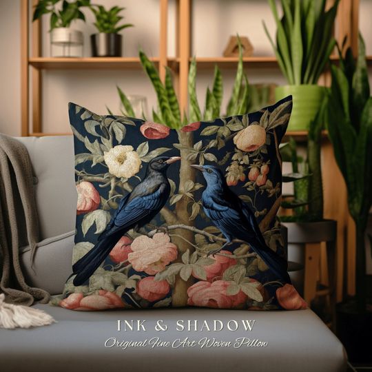 Discover Woodland Crows Accent Pillow | Gothic Decor Crowcore William Morris Inspired Pillow Aesthetic Medieval Woven Cushion Victorian Crow Core Art