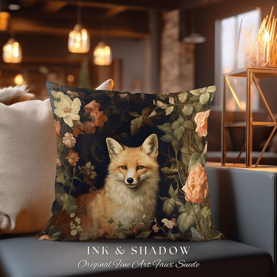 Discover Ethereal Fox Pillow Botanical Gothic | Dark Academia William Morris Inspired Cushion Goth Aesthetic Medieval Woven Pillow Victorian Fox