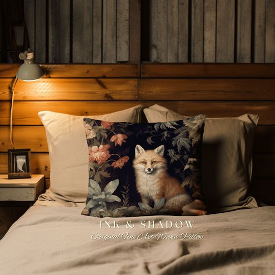 Discover Dark Floral Forest Spirit Pillow | Dark Academia William Morris Inspired Cushion Goth Aesthetic Woven Pillow Victorian Fox Botanical