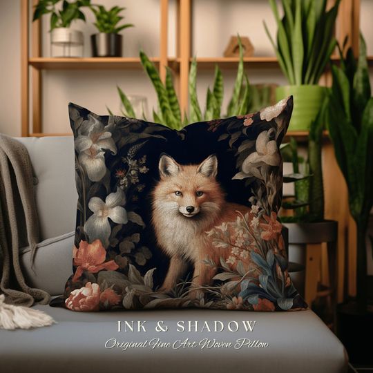 Discover Floral Elegance Fox Pillow | Dark Academia William Morris Inspired Cushion Goth Aesthetic Woven Pillow Victorian Fox Botanical Forest Spirit
