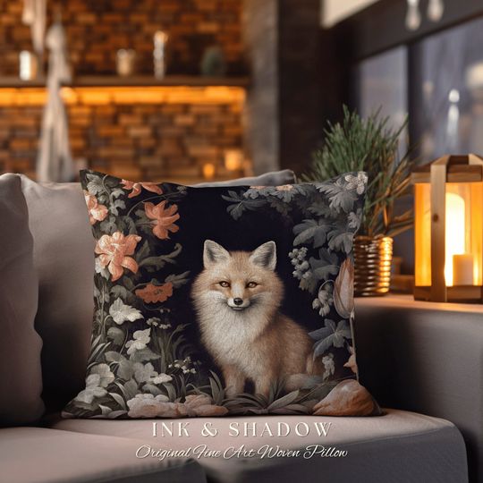 Discover Dark Botanical Fox Pillow | Dark Academia William Morris Inspired Pillow Aesthetic Medieval Woven Pillow Victorian Gothic Fox Folk Art |