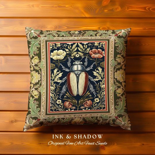 Discover Dark Botanical Woodland Gothic Pillow Vintage Aesthetic Victorian Beetle Floral Whimsigoth Decor | Witchy Dark Academia Forestcore Bug Art