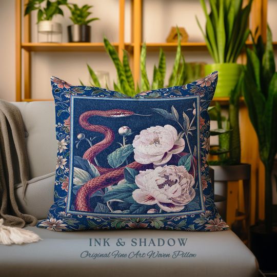 Discover Moody Dark Botanical Serpent Enchanted Floral Tapestry Pillow Exotic Gothic Decor | Ethereal Woodland Snake Victorian Art Nouveau Cushion