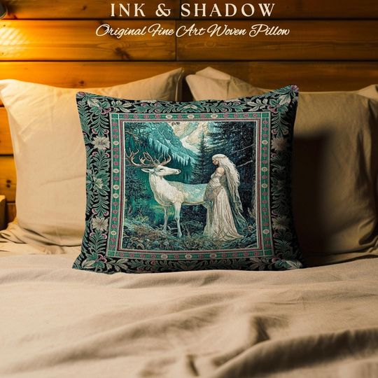 Discover Magic Forest Princess Woven Throw Pillow | Fairytale Fantasy Renaissance Dark Academia Forest Ethereal Woodland Folklore Tapestry Cushion |