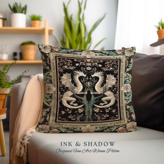 Floral Fairycore Fantasy Cottagecore Dragon Lovers Ornate Woodland Gothic Pillow | Enchanted Forest Art Medieval Baroque Tapestry Cushion