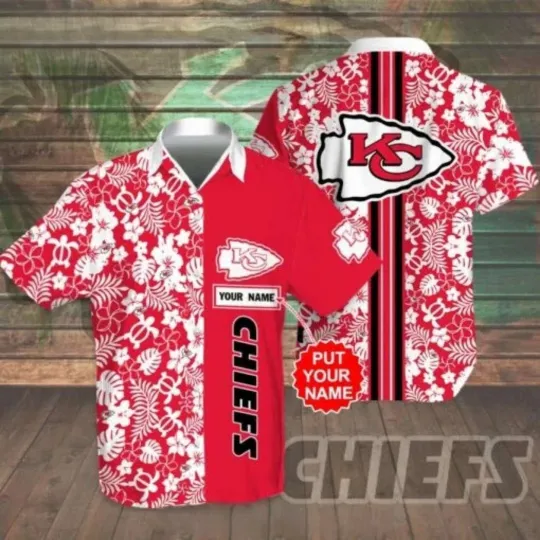 Discover KC Chiefs Hawaiian Shirt Red And White Floral Custom Name Hawaiian Shirt