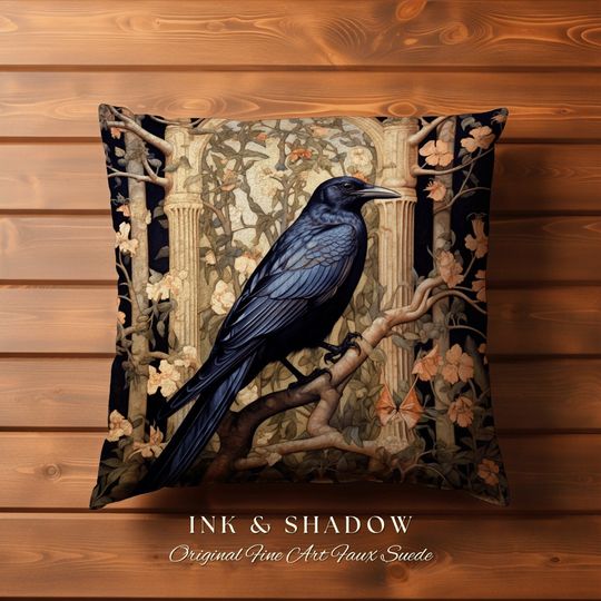 Discover Crowcore Nature Pillow Woven | Gothic Pillow William Morris Art Pillow Raven Decor Crow Core Pillow Maximalist Rustic Pillow Dark Woodland