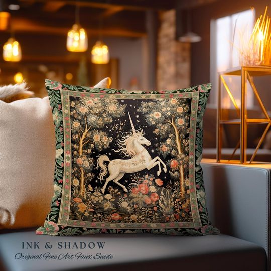 Discover Mystical Folklore Unicorn Pillow Whimsical Soft Cottagecore Floral Decor | Woodland Fairycore Tapestry Cushion Magical Forestcore Art Accent
