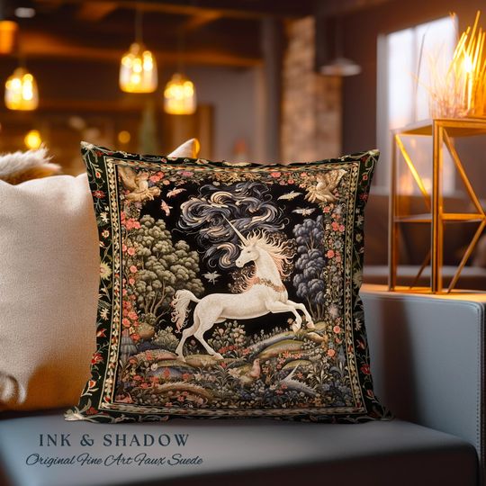 Discover Enchanted Unicorn Pillow Fairytale Art Aesthetic Cottagecore Mystical Art Nouveau | Woodland Fantasy Fairycore Woven Tapestry Cushion Accent