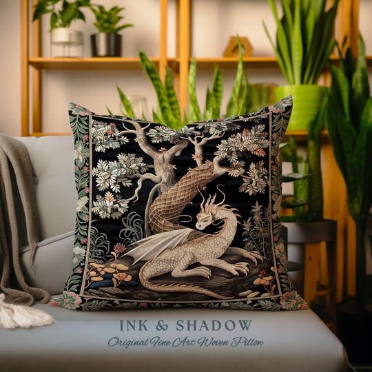 Discover Gothic Cottagecore Dragon Tapestry Pillow Enchanted Fantasy Decor | Whimsical Medieval Forest Creature Cushion Vintage Fairytale Art Accent
