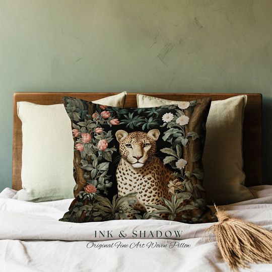 Discover Woven Cheetah Pillow | Dark Academia Tapestry Pillow William Morris Cushion Woodland Gothic Botanical Jungle Aesthetic Leopard Home Decor