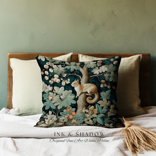 Discover Whimsical Squirrel Pillow Enchanted Woodland Woven Cushion | Vintage Botanical Art Goblincore Forest Decor Fairycore Cottagecore Home Accent