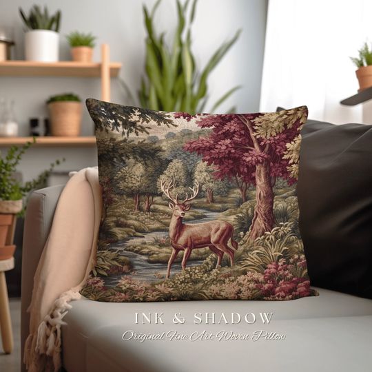 Discover Woven Pillow Woodland Deer | Ornate Deer Tapestry Witchy Decor Fairycore Gift Victorian Aesthetic Room Decor Mystical Deer Throw Pillow