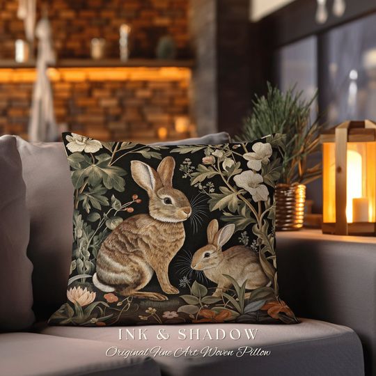 Discover Dark Woodland Creatures Pillow | Couch Cushion William Morris Throw Cottagecore Bunny Decor Rustic Spring Rabbit Pastel Housewarming Gift