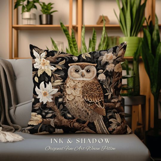 Discover Rustic Owl Decorative Pillow | Whimsical Aesthetic Rustic Woodland Boho Cottagecore Home Decor Crowcore Bedroom Botanical Owl Pillow