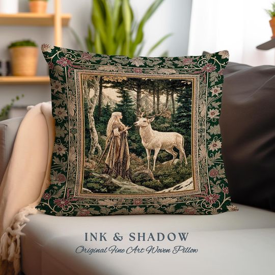 Discover Emerald Forest Spirits Throw Pillow | Botanical Elegance Woodland Spirits Dark Green Cushion Goth Fairycore Romantic Aesthetic Gothic Deer