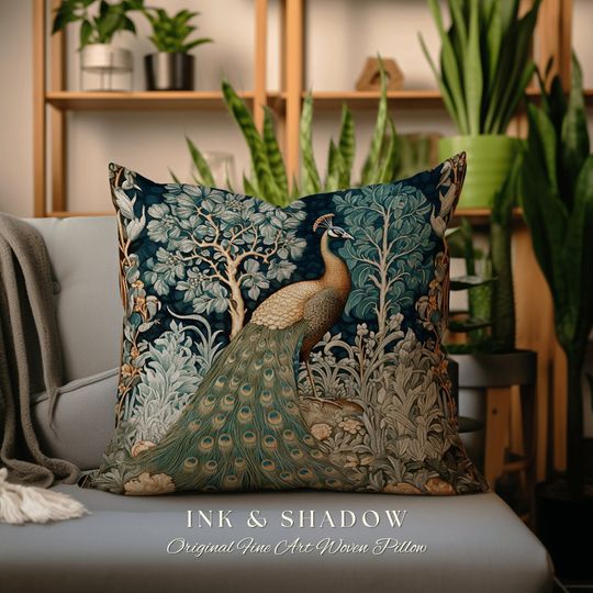 Discover Ornate Peacock Throw Pillow | Woodland Botanical Cushion Woven Decor William Morris Style Forestcore Bedroom Dark Cottagecore Peacock Art